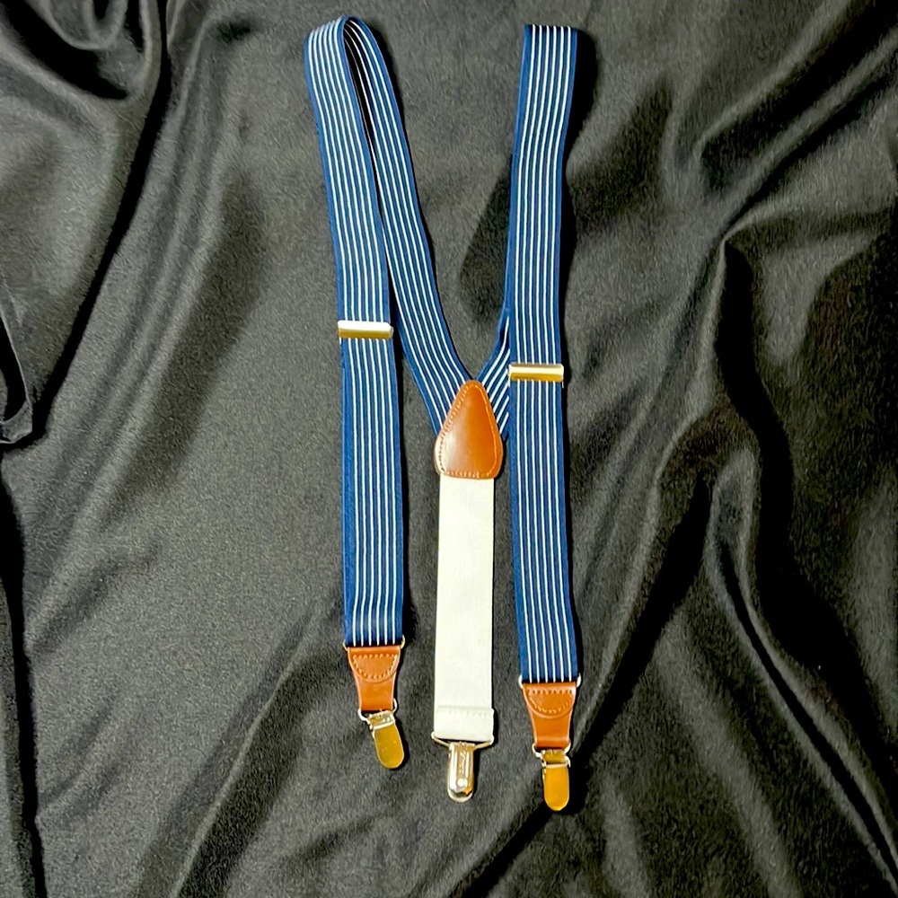 C-3023 - Blue & White  1.25 Inch Elastic Clip Suspenders  Y-Back
